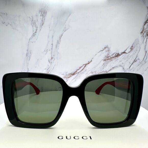 LUXURY New GUCCI Sunglasses Black Gold 3D Metal Logo Square Red Green Arms - Picture 3 of 16